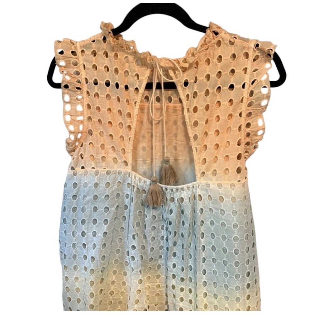 Anthropologie Ollari Ruffled Eyelet Tank Top XS Peach Blue Ombre Cotton Blouse - Picture 6 of 8